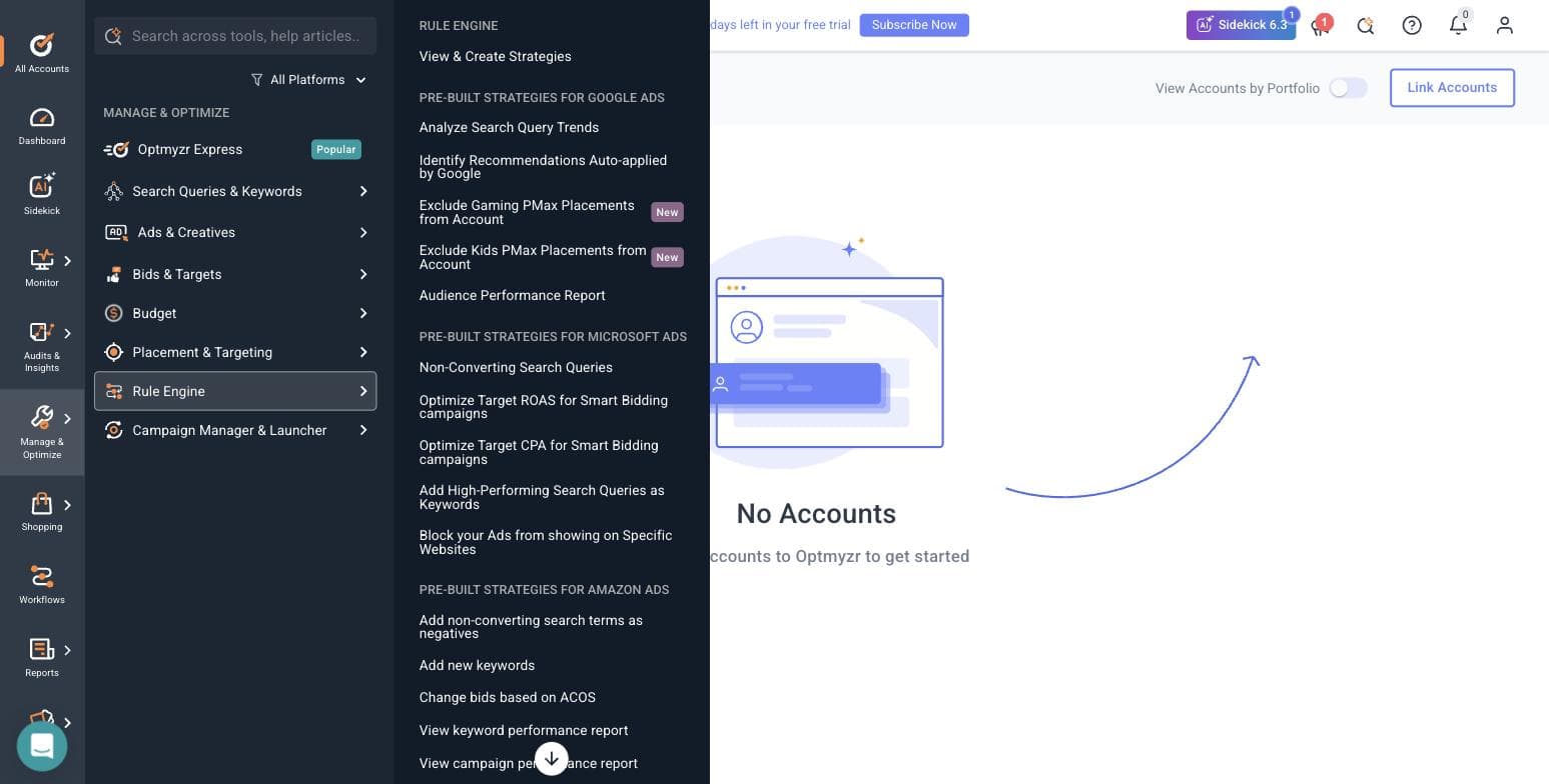 Optmyzr Rule Engine pre-built strategy library grouped by Google Ads, Microsoft Ads and Amazon Ads
