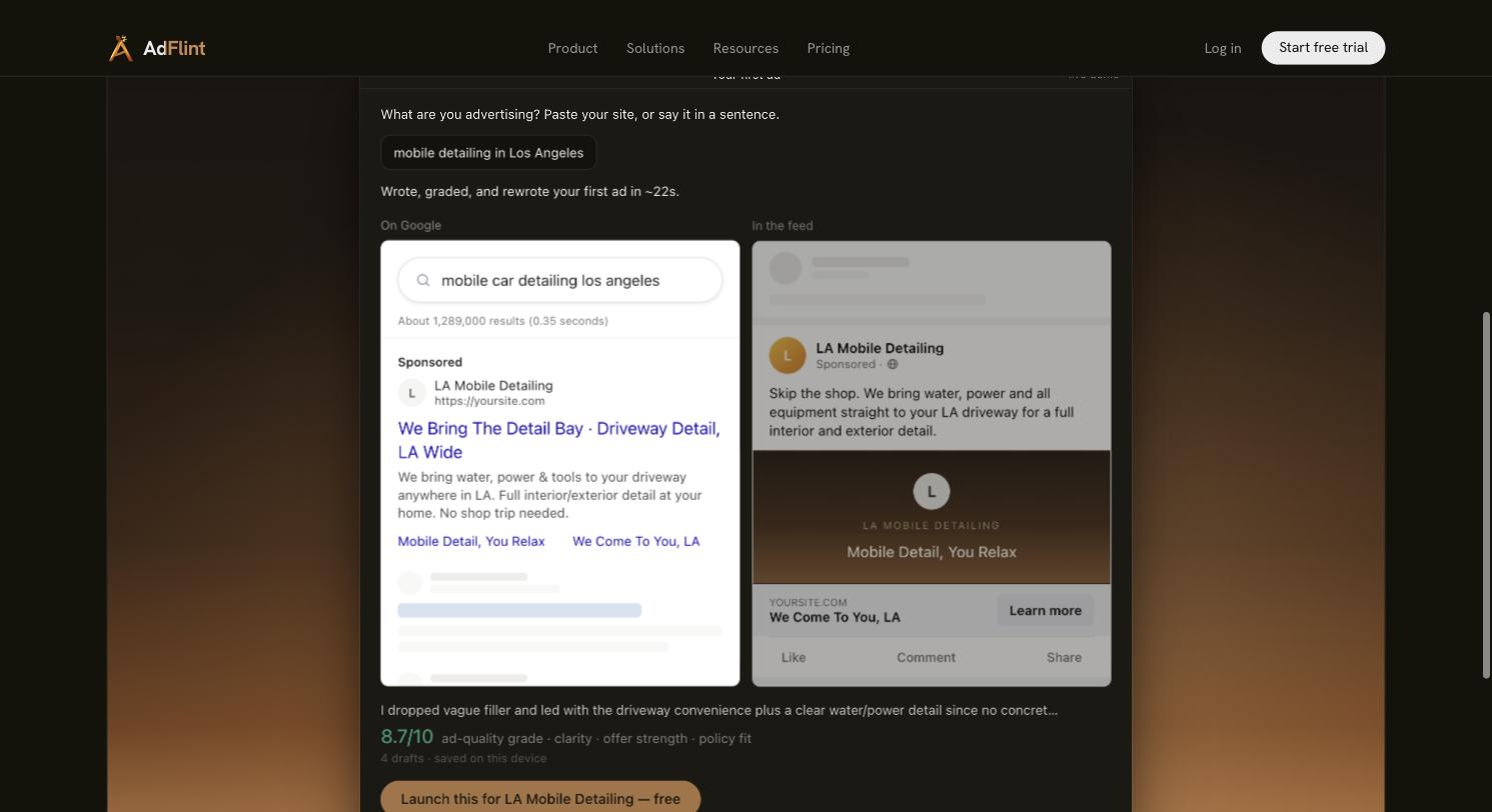 AdFlint first-ad demo output showing a Google search ad and a Meta feed ad preview