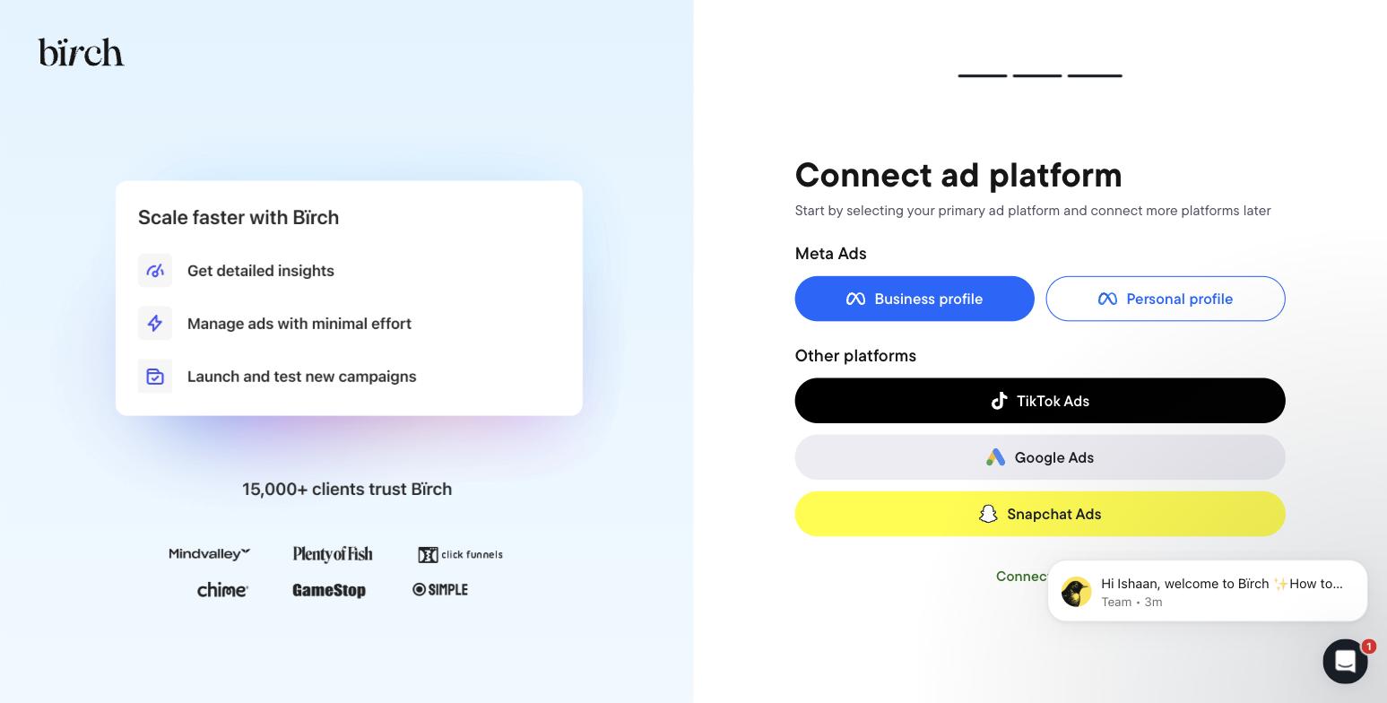 Birch onboarding screen asking the user to connect a Meta, TikTok, Google or Snapchat ad account