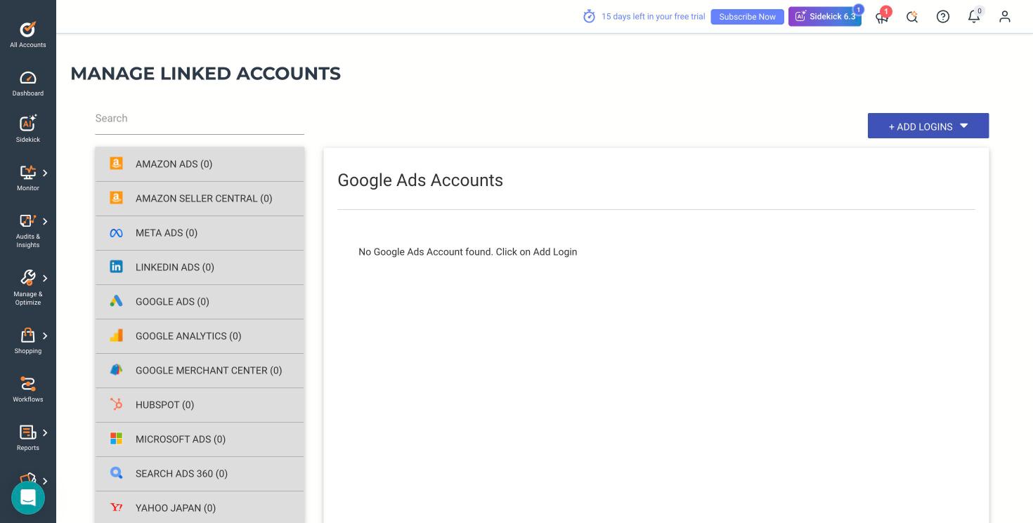 Optmyzr linked accounts screen listing eleven connectable advertising and analytics platforms